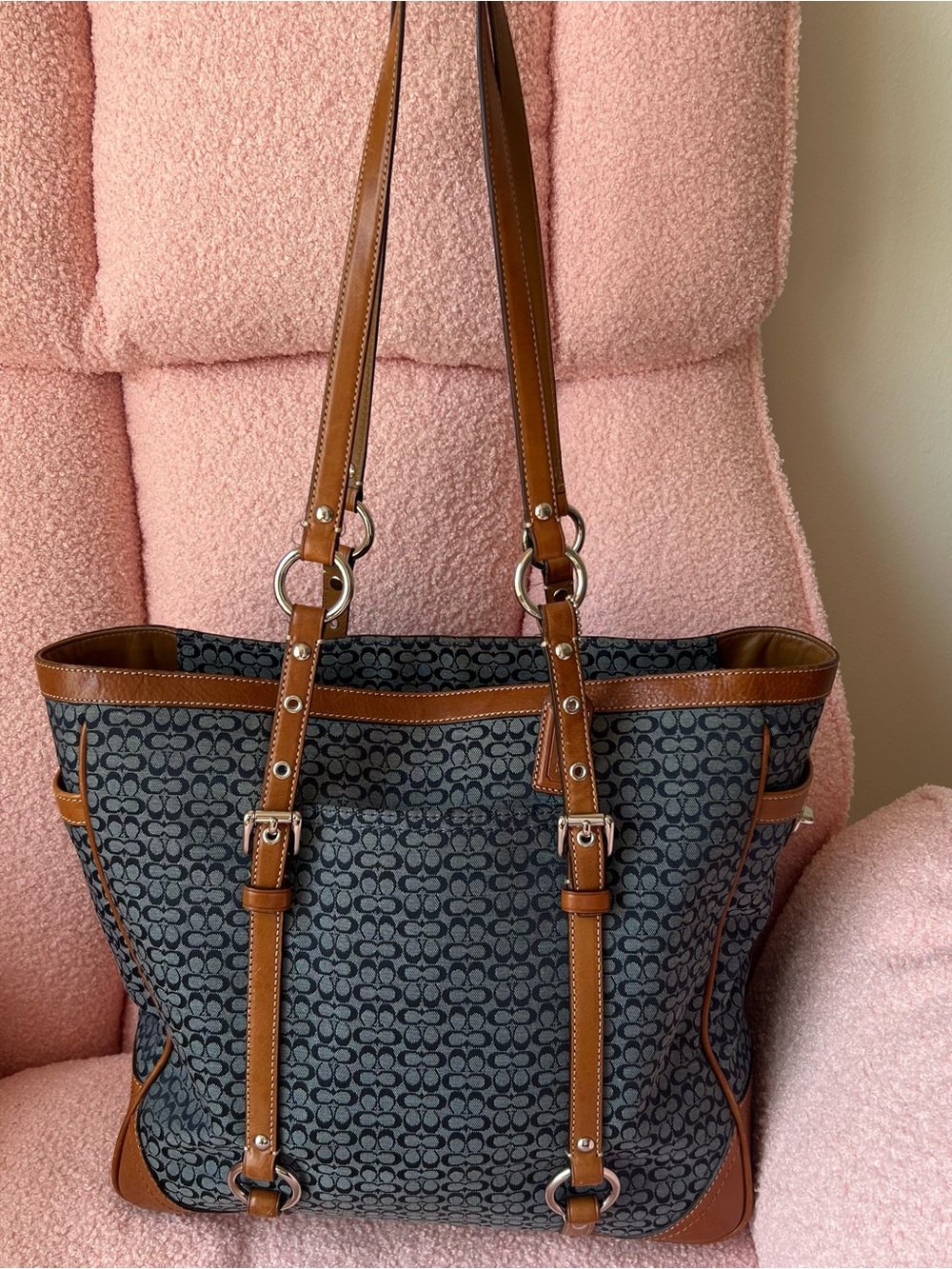 Coach Blue Signature Gallery Tote with Brown Trim